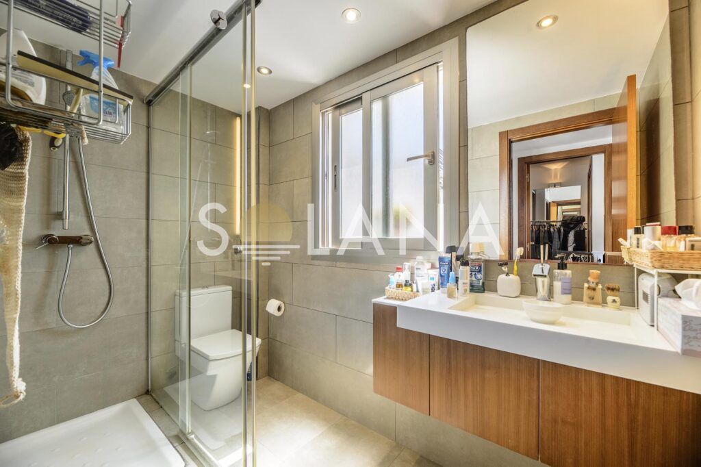 Bathroom vanity with mirror and shower screen