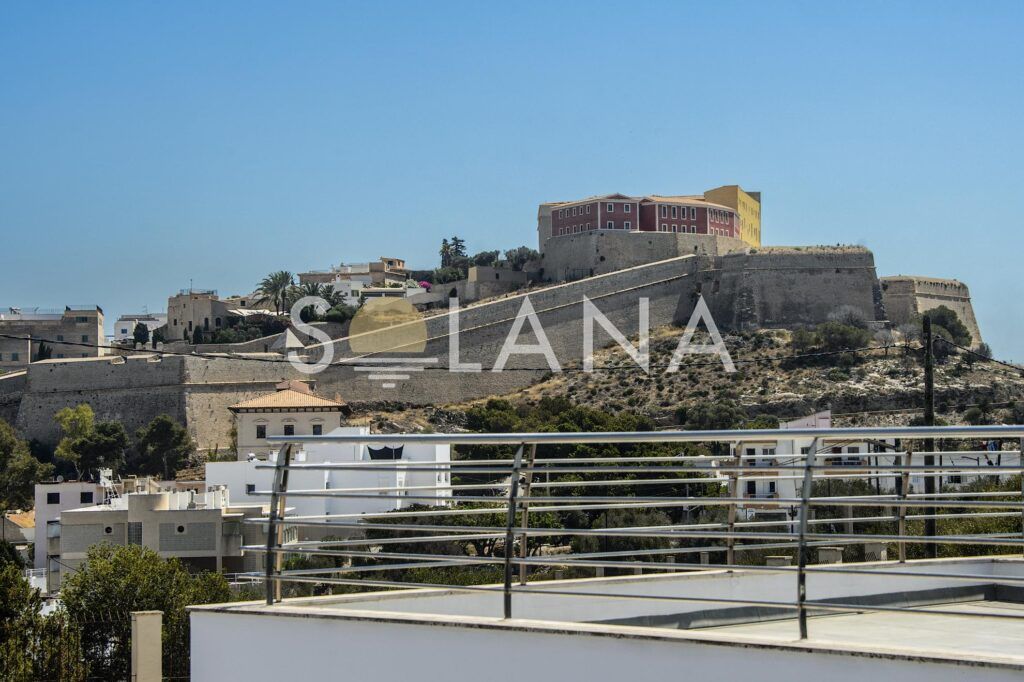 Rooftop terrace overview with railings and skyline